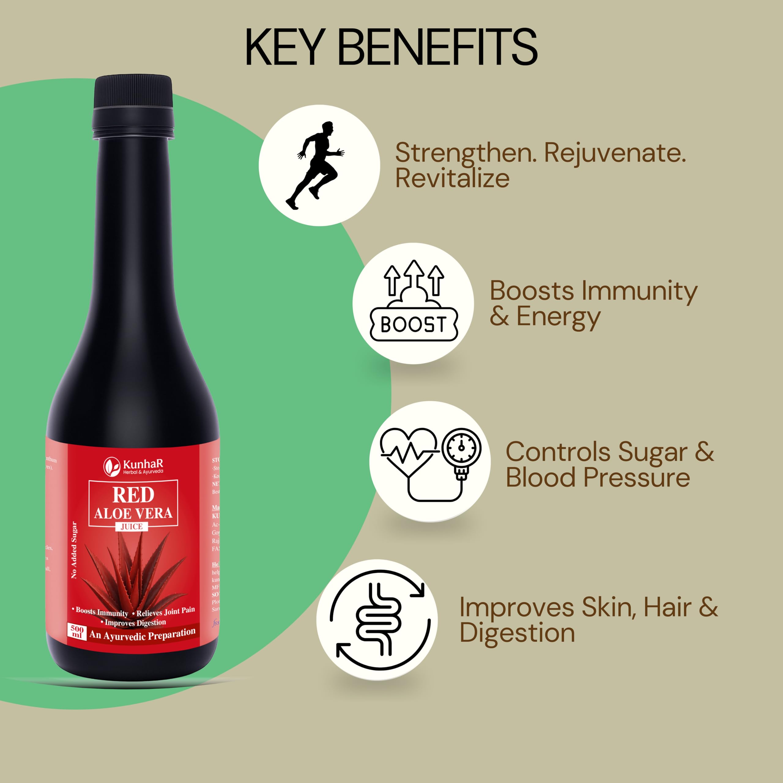 KunhaR Red Aloe Vera Juice 500ml – No Added Sugar – Ayurvedic Juice for Immunity Boost, Joint Pain Relief &amp; Digestion Support (Pack of 1)