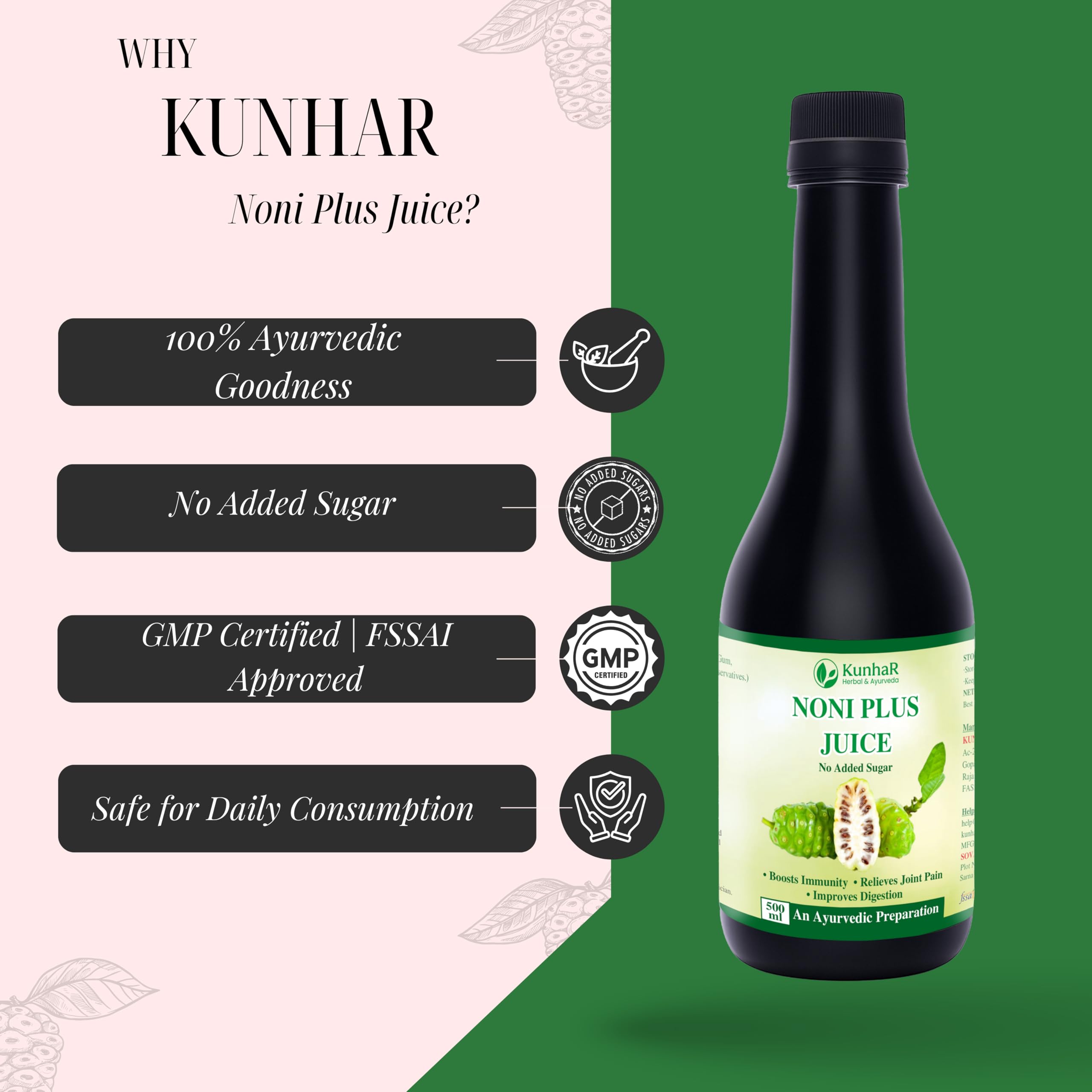 KunhaR Noni Plus Juice – 500ml | Herbal Health Tonic for Immunity, Digestion &amp; Detox | Enriched with Natural Antioxidants | No Added Sugar (Pack of 1)