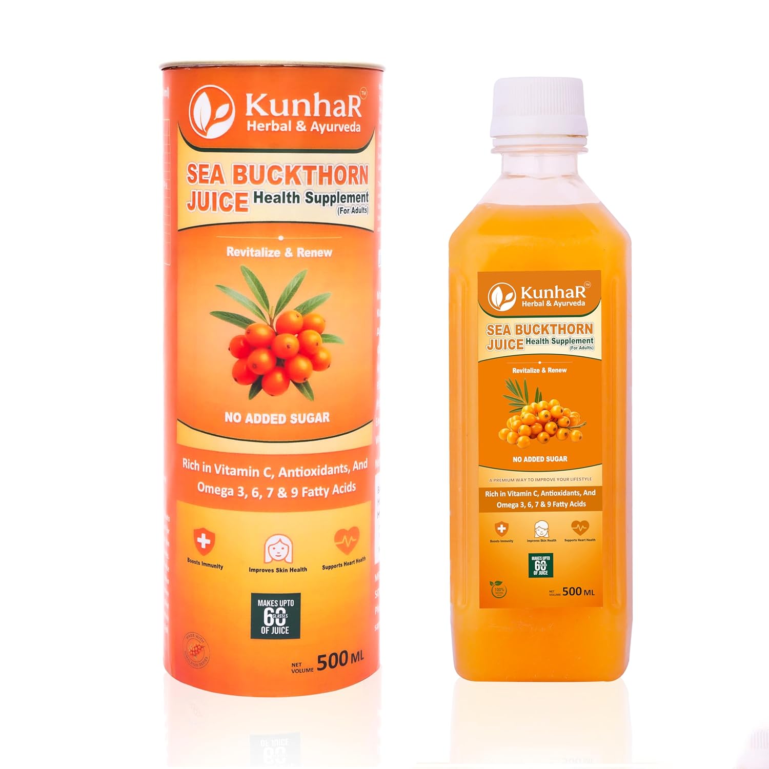 KunhaR Sea Buckthorn Juice (Pack of 2) | Health Supplement for Adults | No Added Sugar | Rich in Vitamin C, Omega 3, 6, 7 & 9 | Improves Skin & Immunity