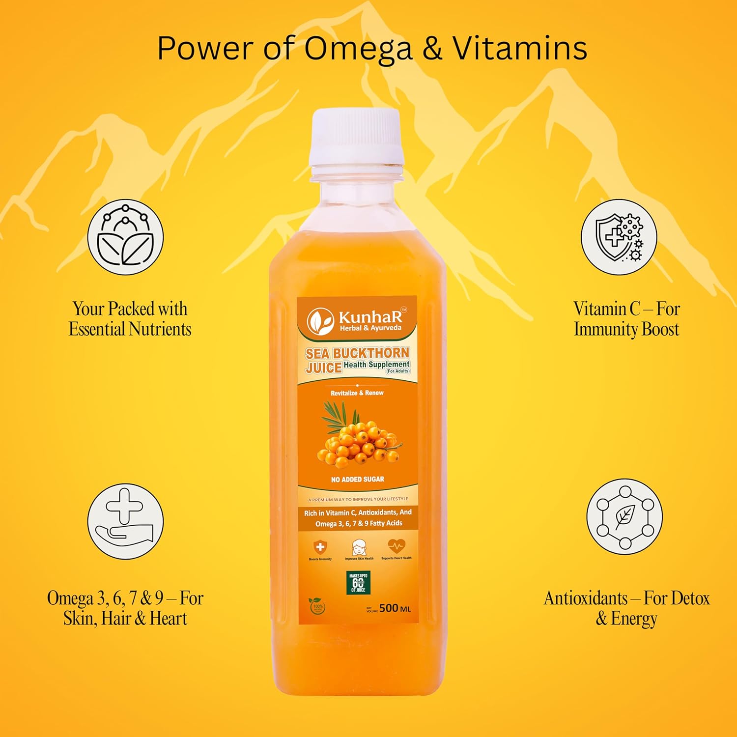 KunhaR Sea Buckthorn Juice (Pack of 2) | Health Supplement for Adults | No Added Sugar | Rich in Vitamin C, Omega 3, 6, 7 & 9 | Improves Skin & Immunity