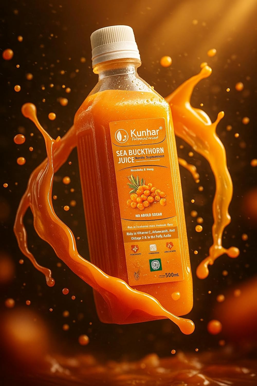 KunhaR Sea Buckthorn Juice (Pack of 2) | Health Supplement for Adults | No Added Sugar | Rich in Vitamin C, Omega 3, 6, 7 & 9 | Improves Skin & Immunity