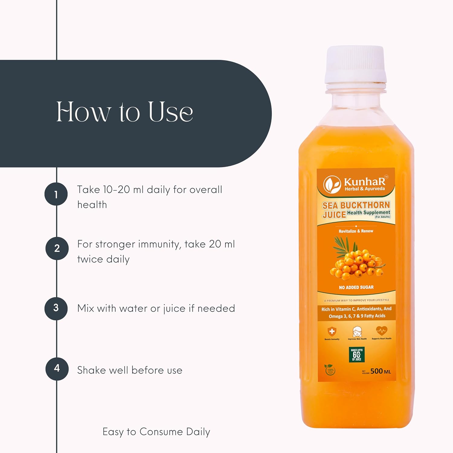 KunhaR Sea Buckthorn Juice (Pack of 2) | Health Supplement for Adults | No Added Sugar | Rich in Vitamin C, Omega 3, 6, 7 & 9 | Improves Skin & Immunity