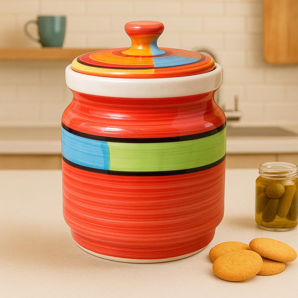 Kunhar Ceramic Jars (1000 ML) – Handcrafted Multipurpose Barni with Lid for Pickle, Chutney, Spices, Salt, Sugar – Kitchen Storage Containers, Red