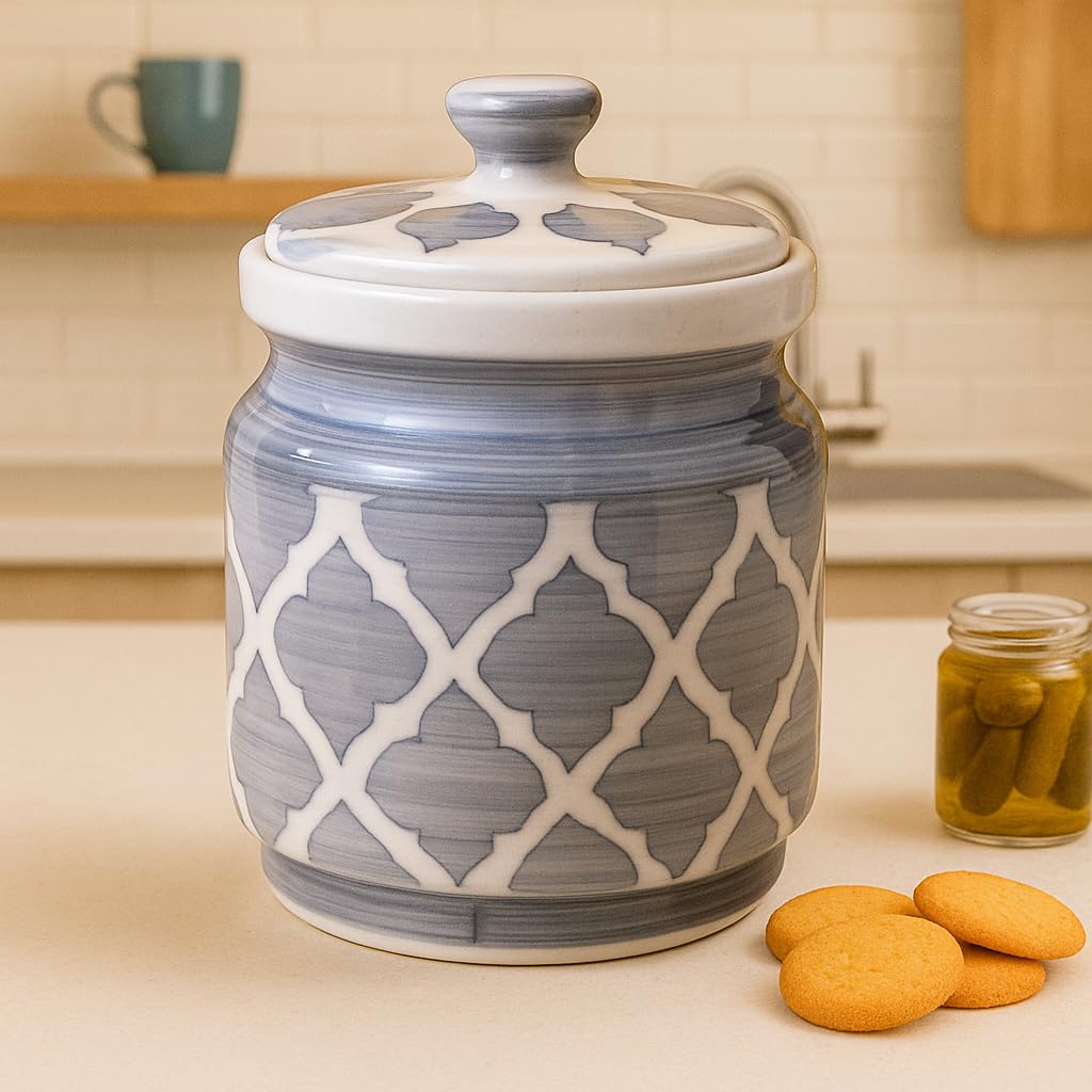 KunhaR Ceramic Jars (1000 ML) – Handcrafted Multipurpose Barni with Lid for Pickle, Chutney, Spices, Salt, Sugar – Kitchen Storage Containers, Grey Umrao