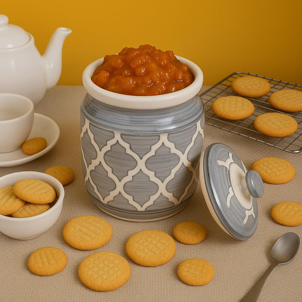 KunhaR Ceramic Jars (1000 ML) – Handcrafted Multipurpose Barni with Lid for Pickle, Chutney, Spices, Salt, Sugar – Kitchen Storage Containers, Grey Umrao