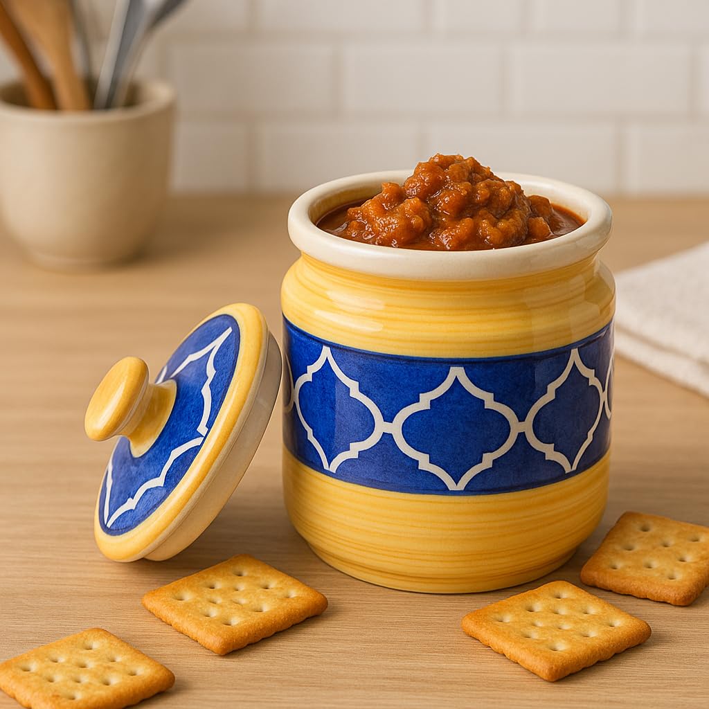 Kunhar Ceramic Jars (1000 ML) – Handcrafted Multipurpose Barni with Lid for Pickle, Chutney, Spices, Salt, Sugar – Kitchen Storage Containers, Yellow Blue