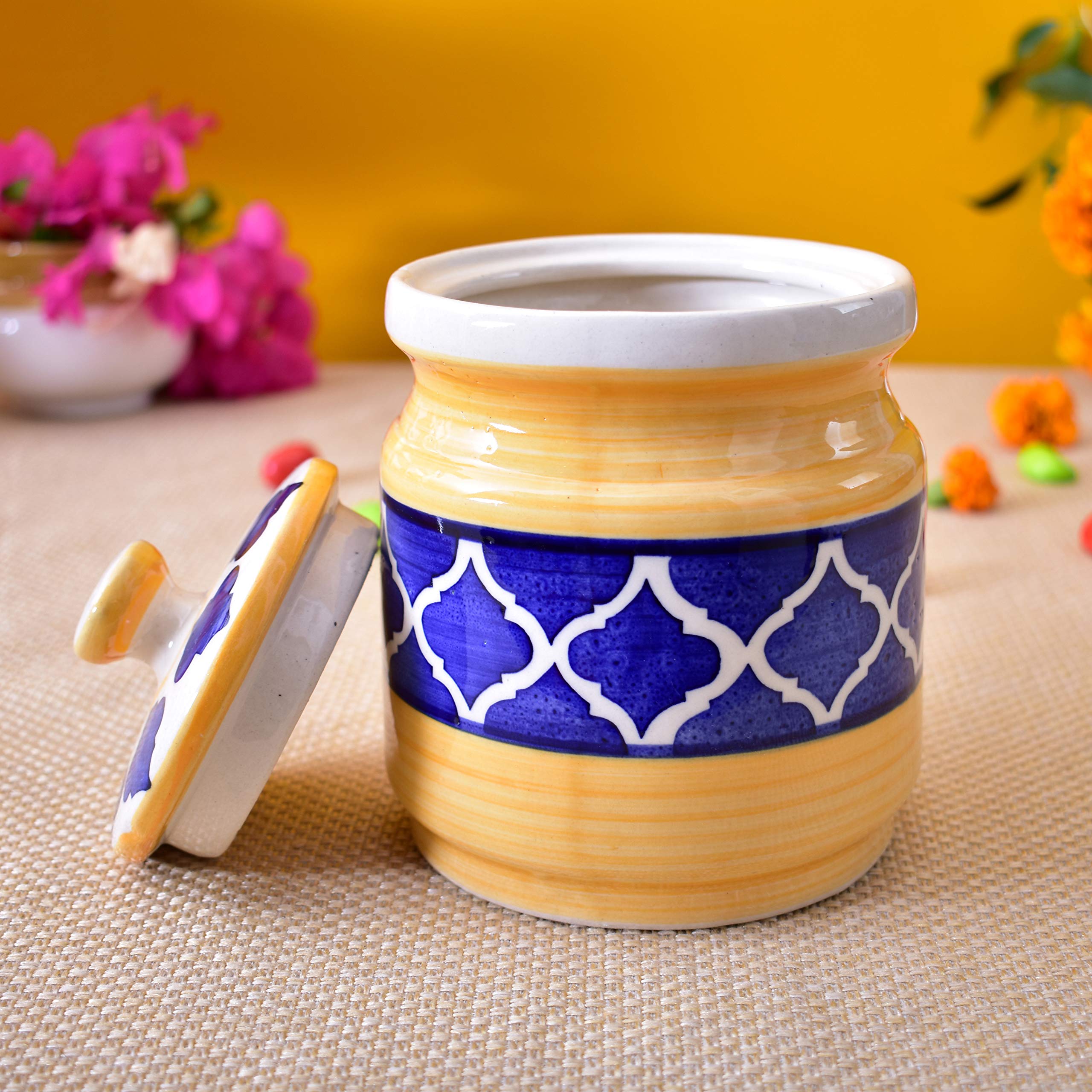 Kunhar Ceramic Jars (1000 ML) – Handcrafted Multipurpose Barni with Lid for Pickle, Chutney, Spices, Salt, Sugar – Kitchen Storage Containers, Yellow Blue
