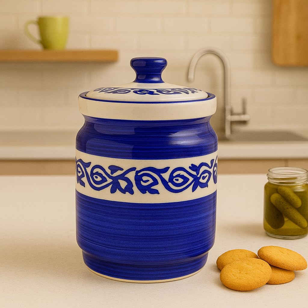 Kunhar Ceramic Jars (1000 ML) – Handcrafted Multipurpose Barni with Lid for Pickle, Chutney, Spices, Salt, Sugar – Kitchen Storage Containers, Blue Vine