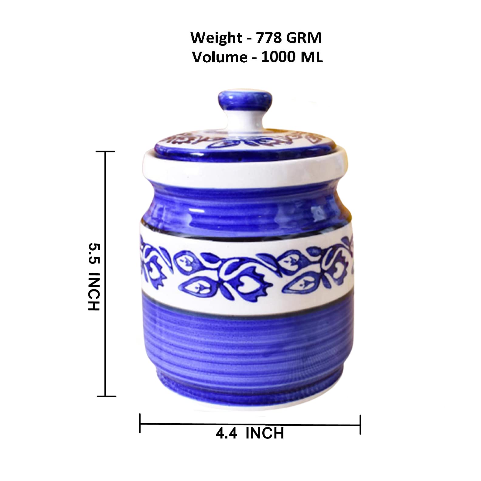 Kunhar Ceramic Jars (1000 ML) – Handcrafted Multipurpose Barni with Lid for Pickle, Chutney, Spices, Salt, Sugar – Kitchen Storage Containers, Blue Vine