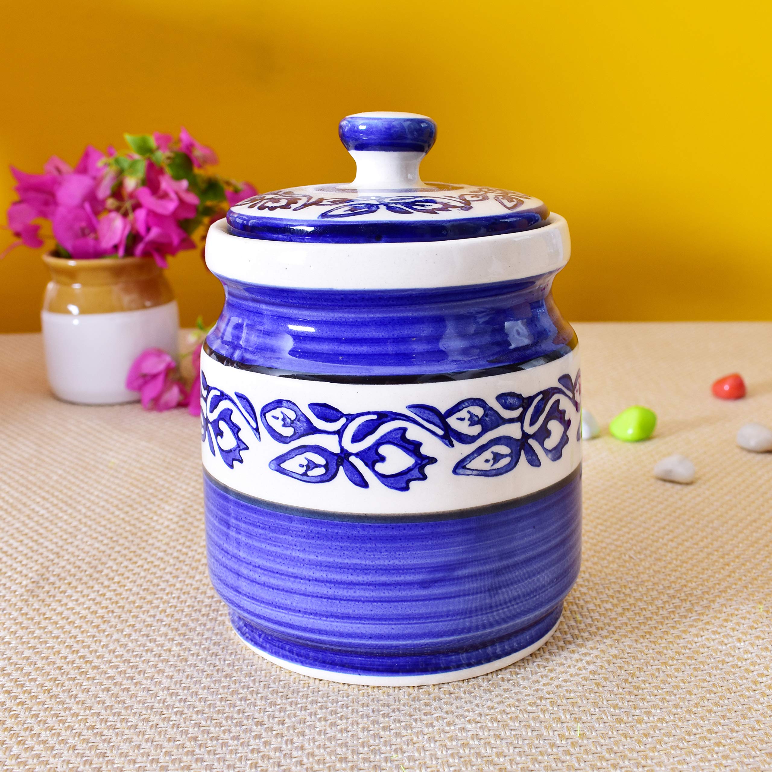 Kunhar Ceramic Jars (1000 ML) – Handcrafted Multipurpose Barni with Lid for Pickle, Chutney, Spices, Salt, Sugar – Kitchen Storage Containers, Blue Vine