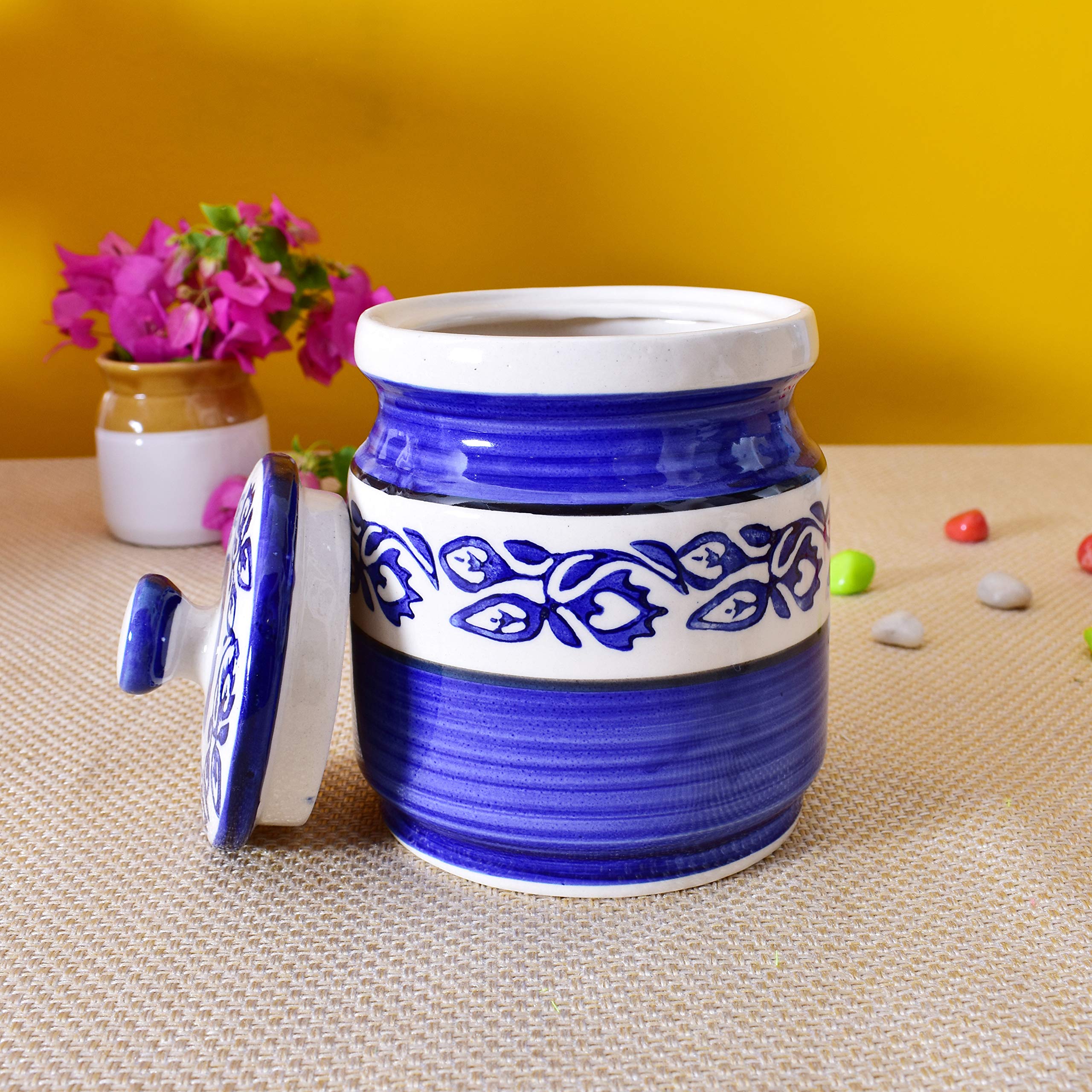 Kunhar Ceramic Jars (1000 ML) – Handcrafted Multipurpose Barni with Lid for Pickle, Chutney, Spices, Salt, Sugar – Kitchen Storage Containers, Blue Vine