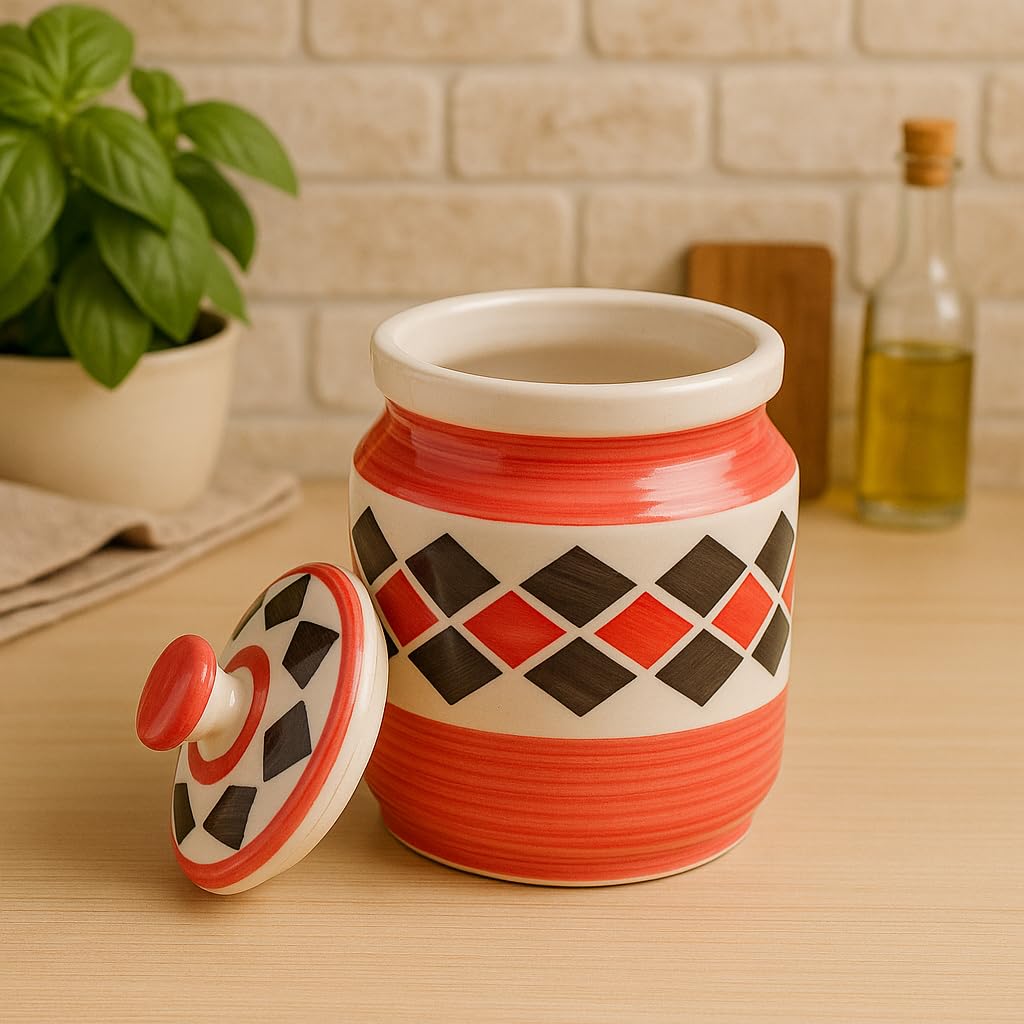 Kunhar Ceramic Jars (1000 ML) – Handcrafted Multipurpose Barni with Lid for Pickle, Chutney, Spices, Salt, Sugar – Kitchen Storage Containers, Red Brick