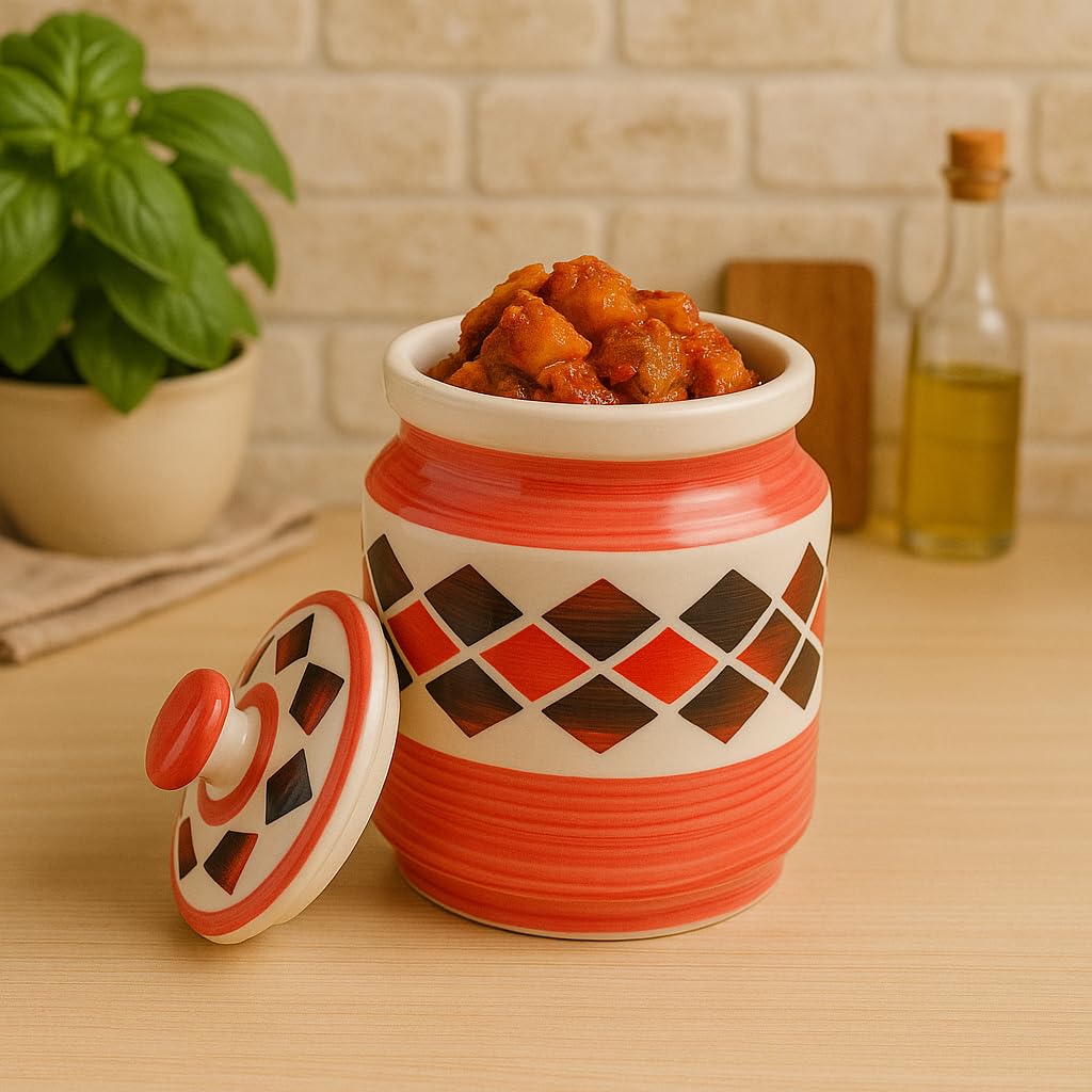 Kunhar Ceramic Jars (1000 ML) – Handcrafted Multipurpose Barni with Lid for Pickle, Chutney, Spices, Salt, Sugar – Kitchen Storage Containers, Red Brick