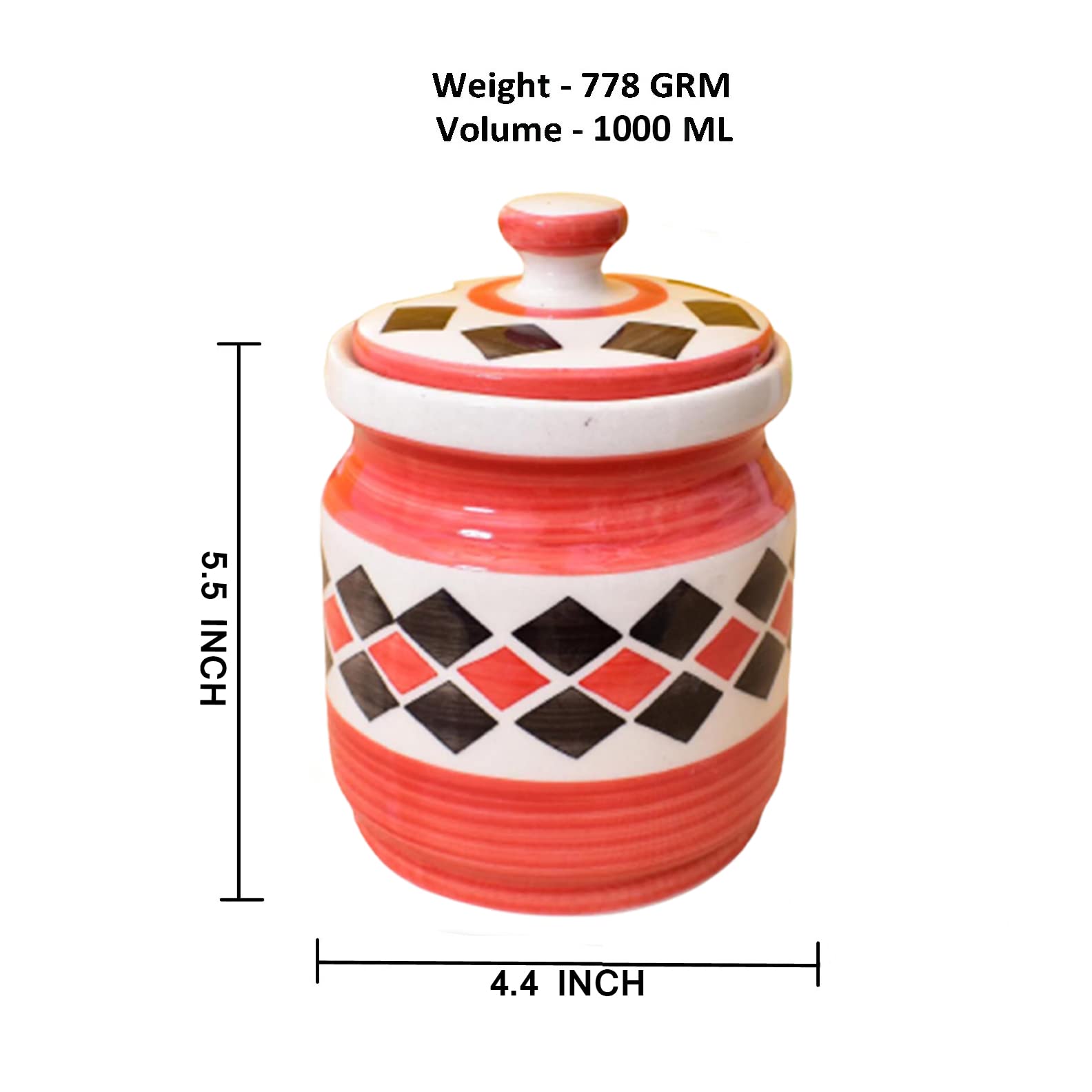 Kunhar Ceramic Jars (1000 ML) – Handcrafted Multipurpose Barni with Lid for Pickle, Chutney, Spices, Salt, Sugar – Kitchen Storage Containers, Red Brick