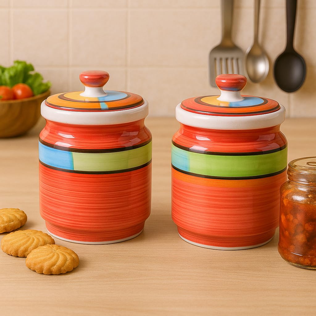 Kunhar Ceramic Barni Red 1000ml Set of 2 with Lid | Handcrafted Pickle Jar | Storage Jar for Spices, Chutney, Achar, Salt, Sugar