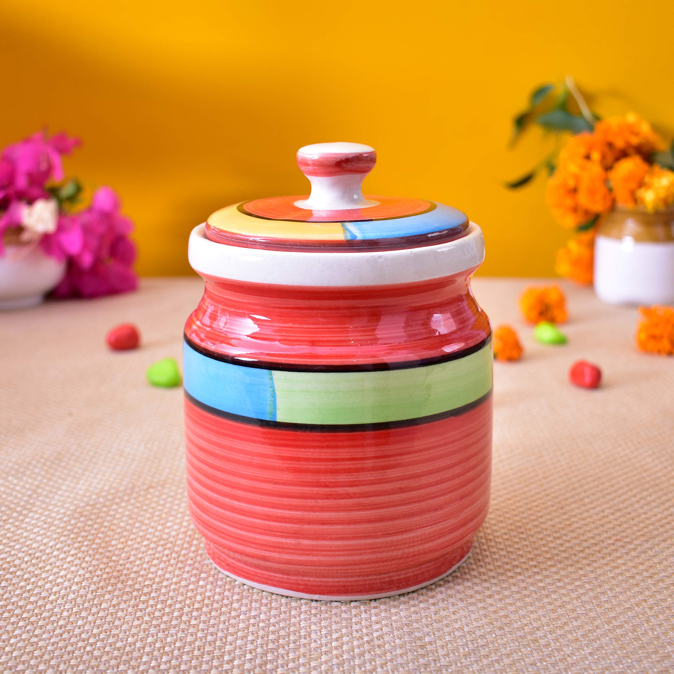 Kunhar Ceramic Barni Red 1000ml Set of 2 with Lid | Handcrafted Pickle Jar | Storage Jar for Spices, Chutney, Achar, Salt, Sugar