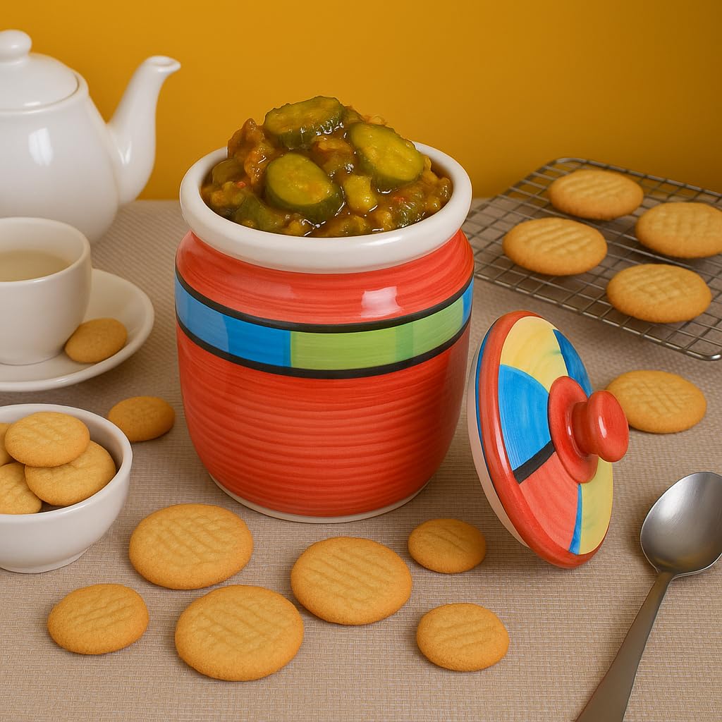 Kunhar Ceramic Barni Red 1000ml Set of 2 with Lid | Handcrafted Pickle Jar | Storage Jar for Spices, Chutney, Achar, Salt, Sugar