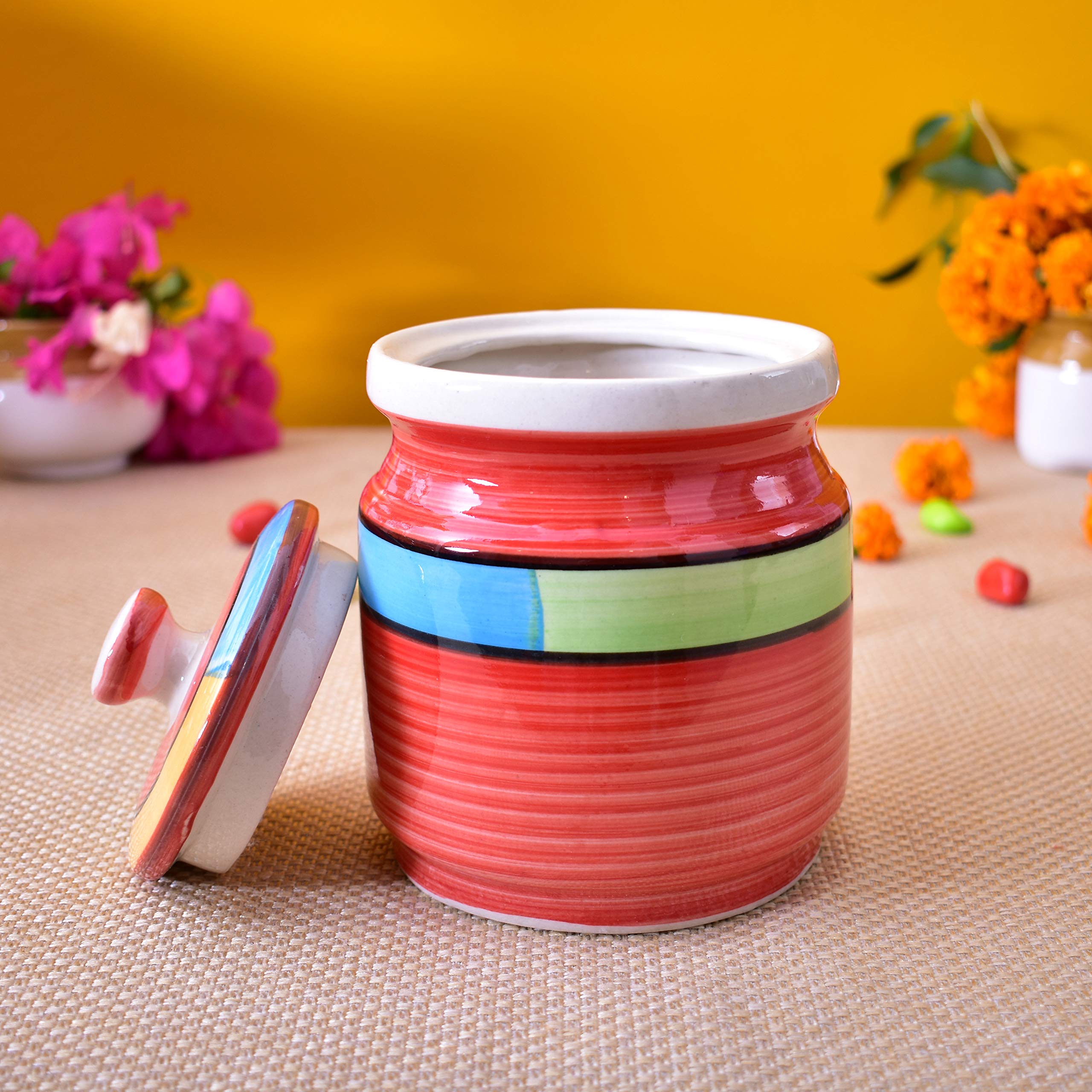 Kunhar Ceramic Barni Red 1000ml Set of 2 with Lid | Handcrafted Pickle Jar | Storage Jar for Spices, Chutney, Achar, Salt, Sugar