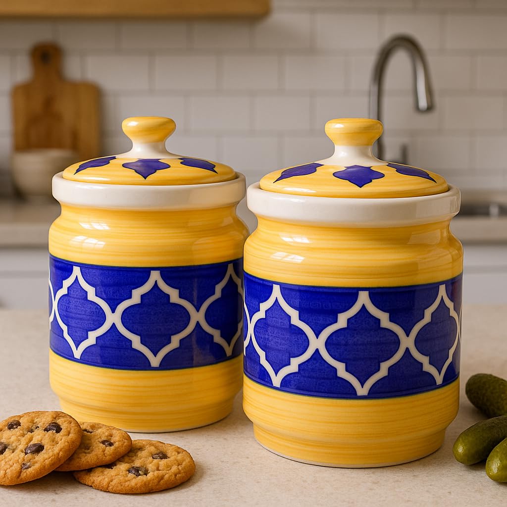 Kunhar Ceramic Barni Yellow & Blue 1000ml Set of 2 with Lid | Handcrafted Pickle Jar | Storage Jar for Spices, Chutney, Achar, Salt, Sugar
