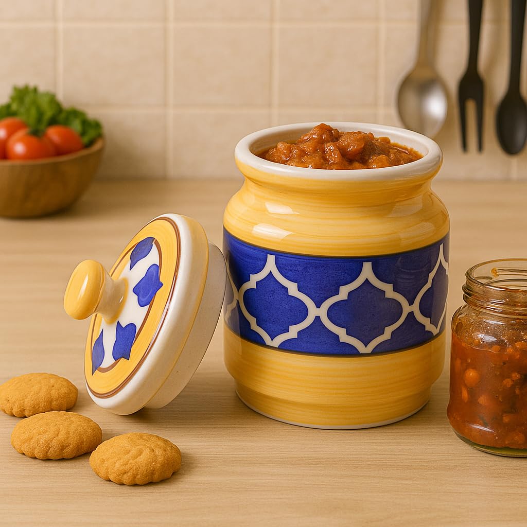 Kunhar Ceramic Barni Yellow & Blue 1000ml Set of 2 with Lid | Handcrafted Pickle Jar | Storage Jar for Spices, Chutney, Achar, Salt, Sugar