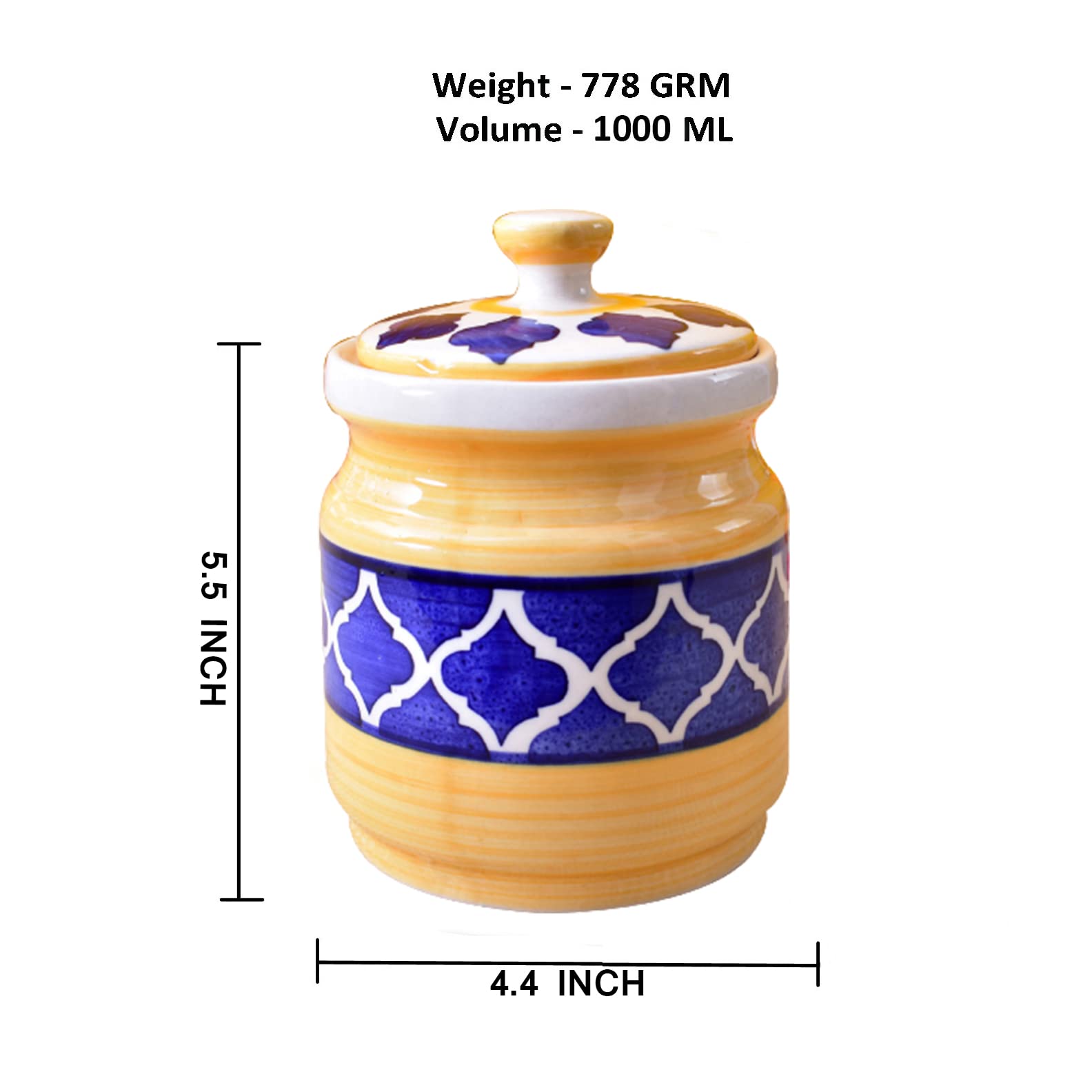 Kunhar Ceramic Barni Yellow & Blue 1000ml Set of 2 with Lid | Handcrafted Pickle Jar | Storage Jar for Spices, Chutney, Achar, Salt, Sugar