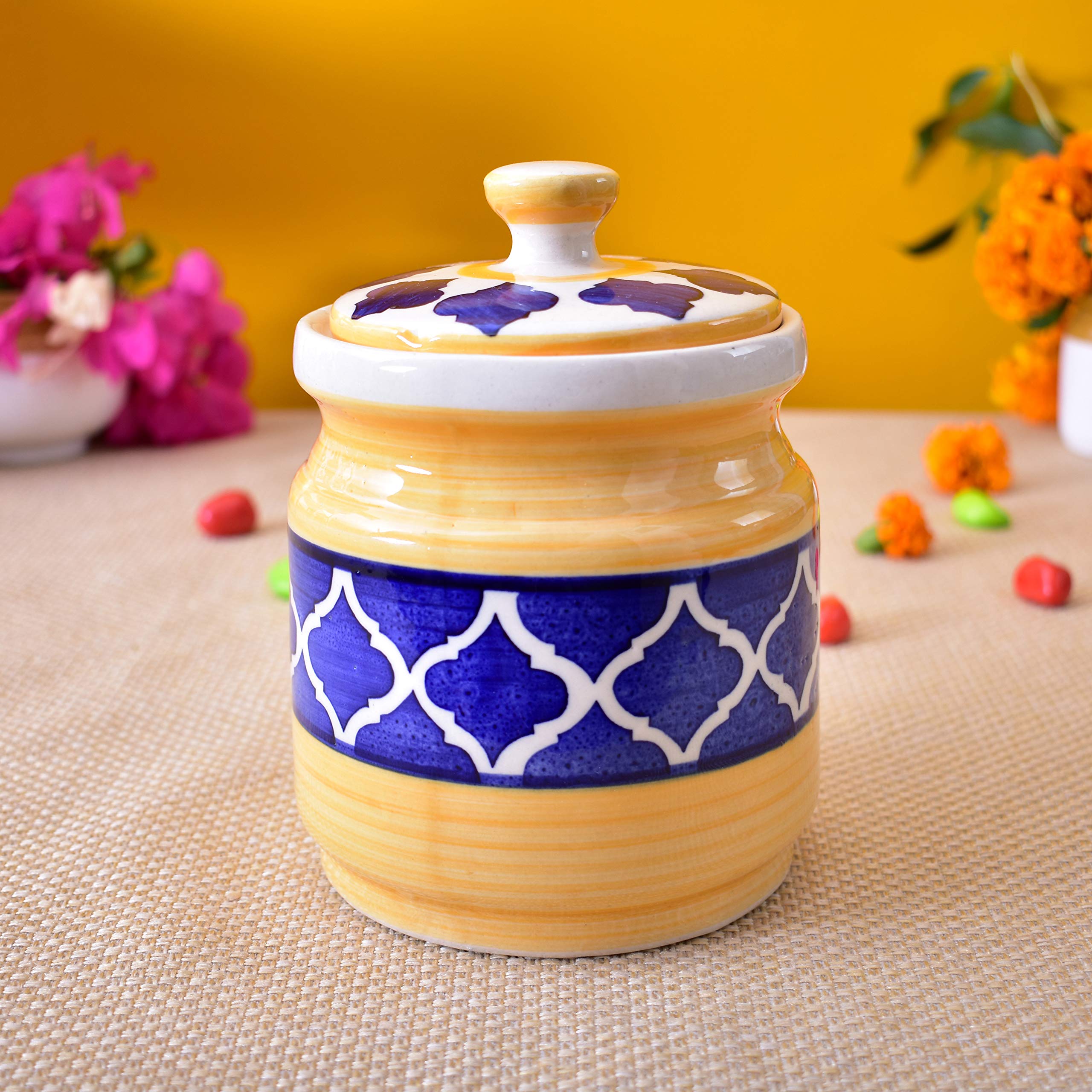 Kunhar Ceramic Barni Yellow & Blue 1000ml Set of 2 with Lid | Handcrafted Pickle Jar | Storage Jar for Spices, Chutney, Achar, Salt, Sugar