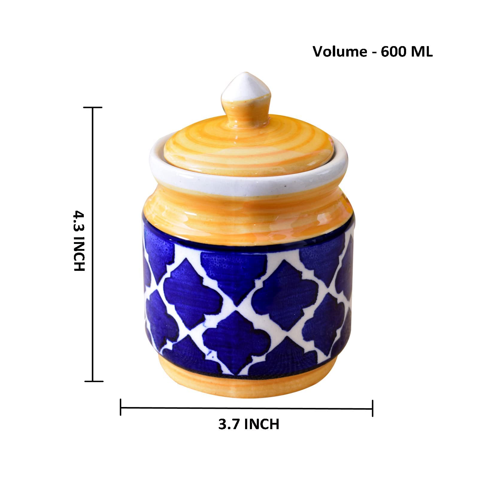Kunhar Ceramic Jars Set of 2 (600ML Each) – Handcrafted Multipurpose Barni with Lid for Pickle, Chutney, Spices, Salt, Sugar – Kitchen Storage Containers, Yellow Blue