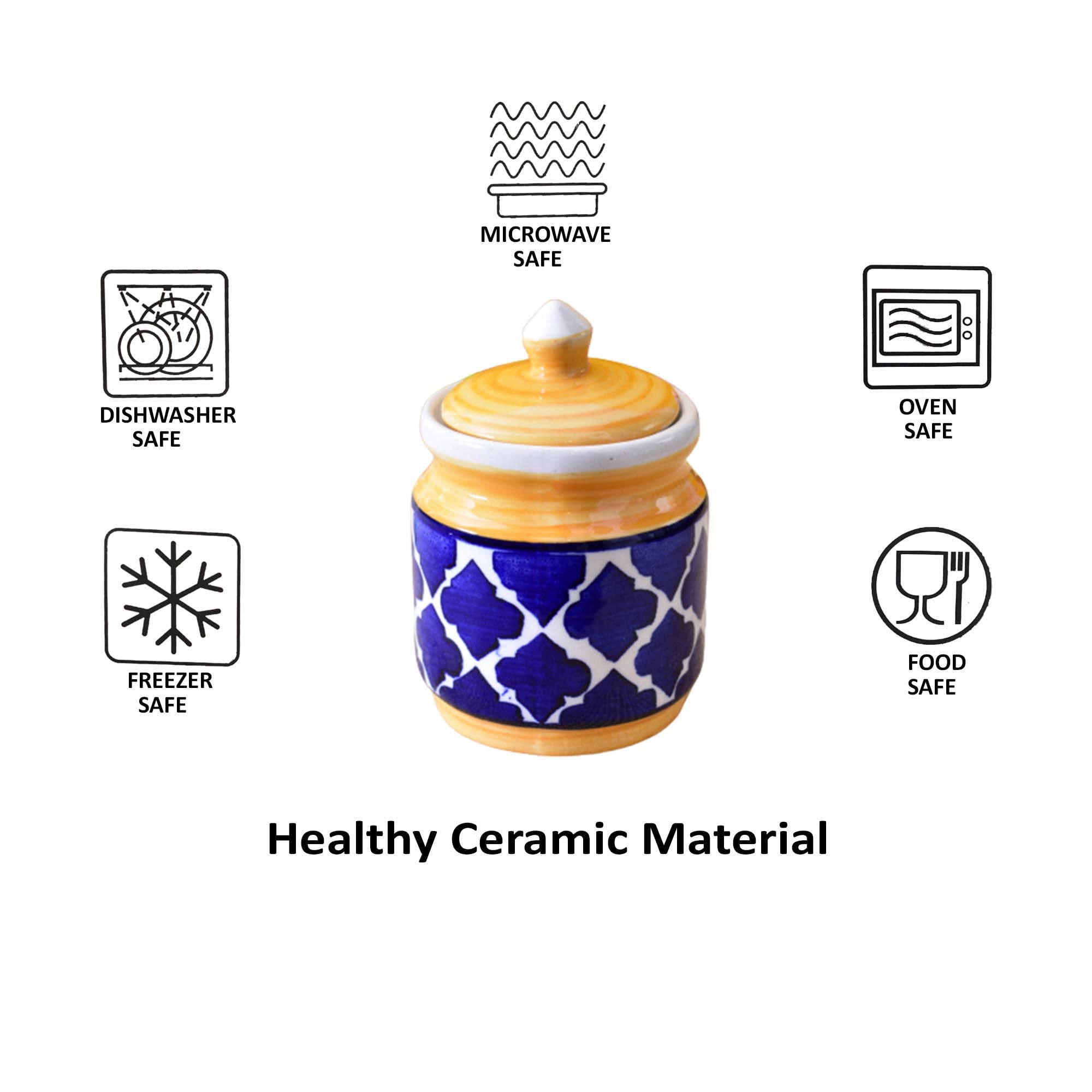 Kunhar Ceramic Jars Set of 2 (600ML Each) – Handcrafted Multipurpose Barni with Lid for Pickle, Chutney, Spices, Salt, Sugar – Kitchen Storage Containers, Yellow Blue