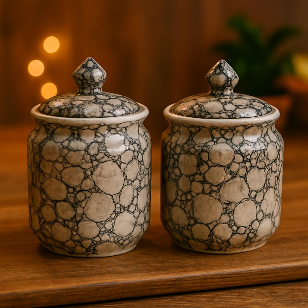 Kunhar Ceramic Jars Set of 2 (600ML Each) – Handcrafted Multipurpose Barni with Lid for Pickle, Chutney, Spices, Salt, Sugar – Kitchen Storage Containers, Black Luster