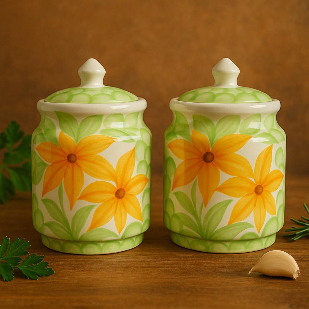 Kunhar Ceramic Jars Set of 2 (600ML Each) – Handcrafted Multipurpose Barni with Lid for Pickle, Chutney, Spices, Salt, Sugar – Kitchen Storage Containers, Green