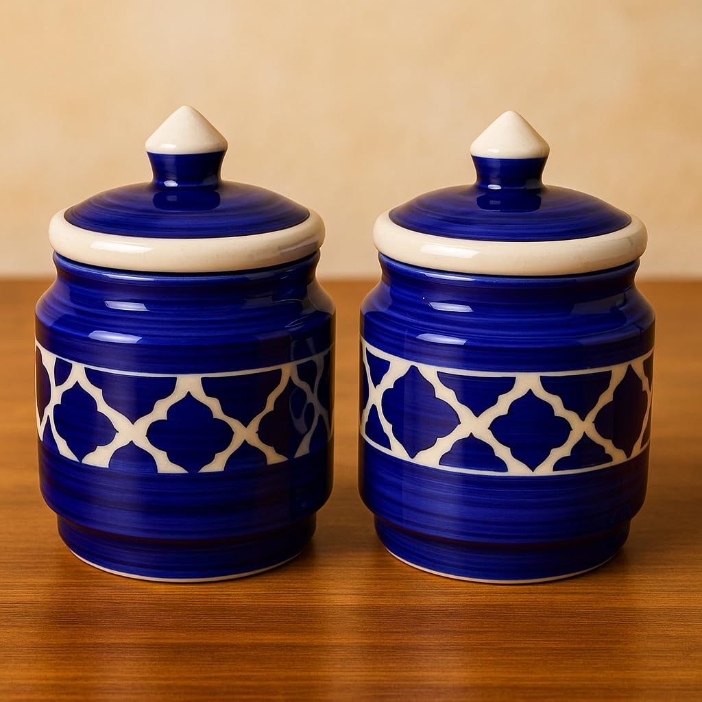 Kunhar Ceramic Jars Set of 2 (600ML Each) – Handcrafted Multipurpose Barni with Lid for Pickle, Chutney, Spices, Salt, Sugar – Kitchen Storage Containers, Blue