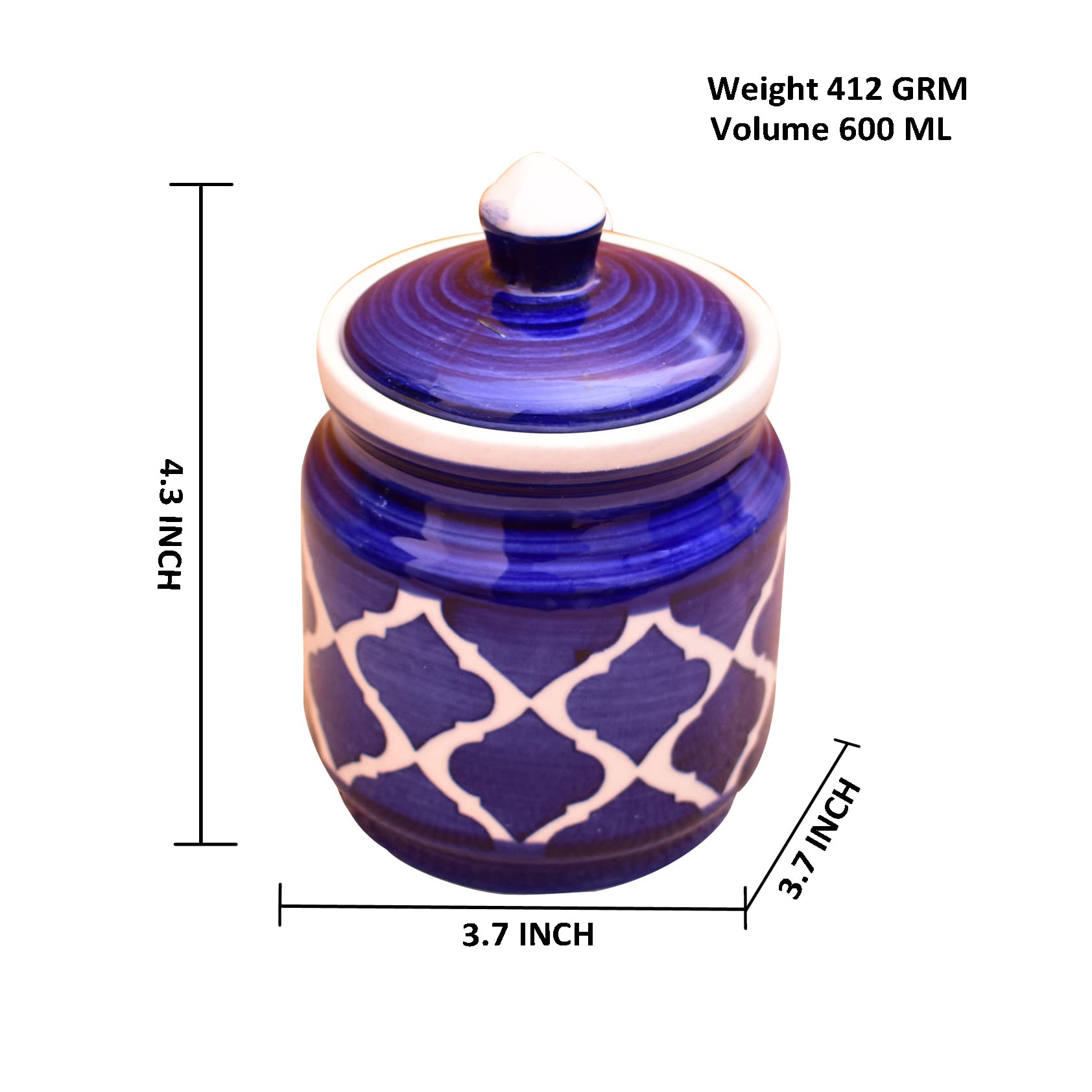 Kunhar Ceramic Jars Set of 2 (600ML Each) – Handcrafted Multipurpose Barni with Lid for Pickle, Chutney, Spices, Salt, Sugar – Kitchen Storage Containers, Blue