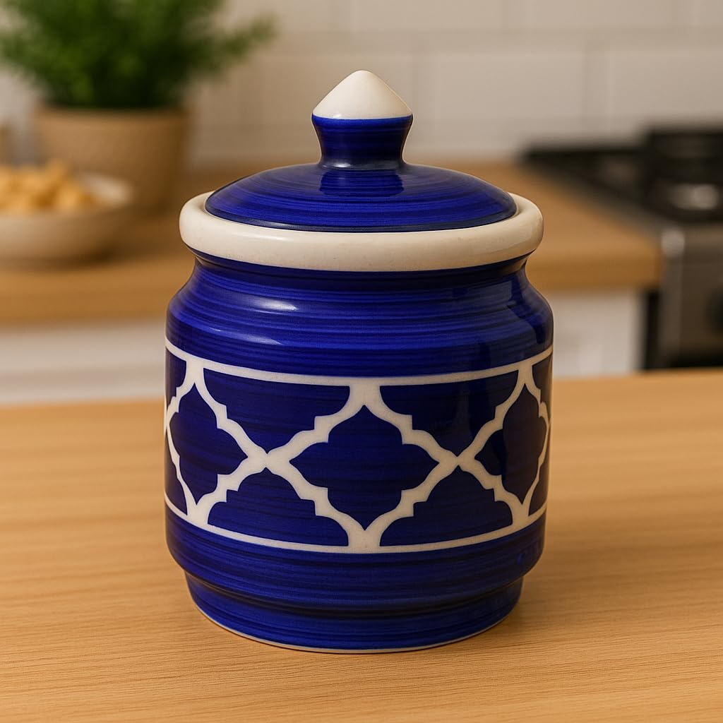 Kunhar Ceramic Jars Set of 2 (600ML Each) – Handcrafted Multipurpose Barni with Lid for Pickle, Chutney, Spices, Salt, Sugar – Kitchen Storage Containers, Blue
