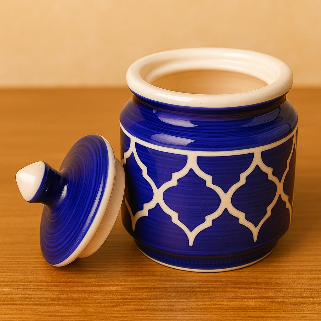 Kunhar Ceramic Jars Set of 2 (600ML Each) – Handcrafted Multipurpose Barni with Lid for Pickle, Chutney, Spices, Salt, Sugar – Kitchen Storage Containers, Blue