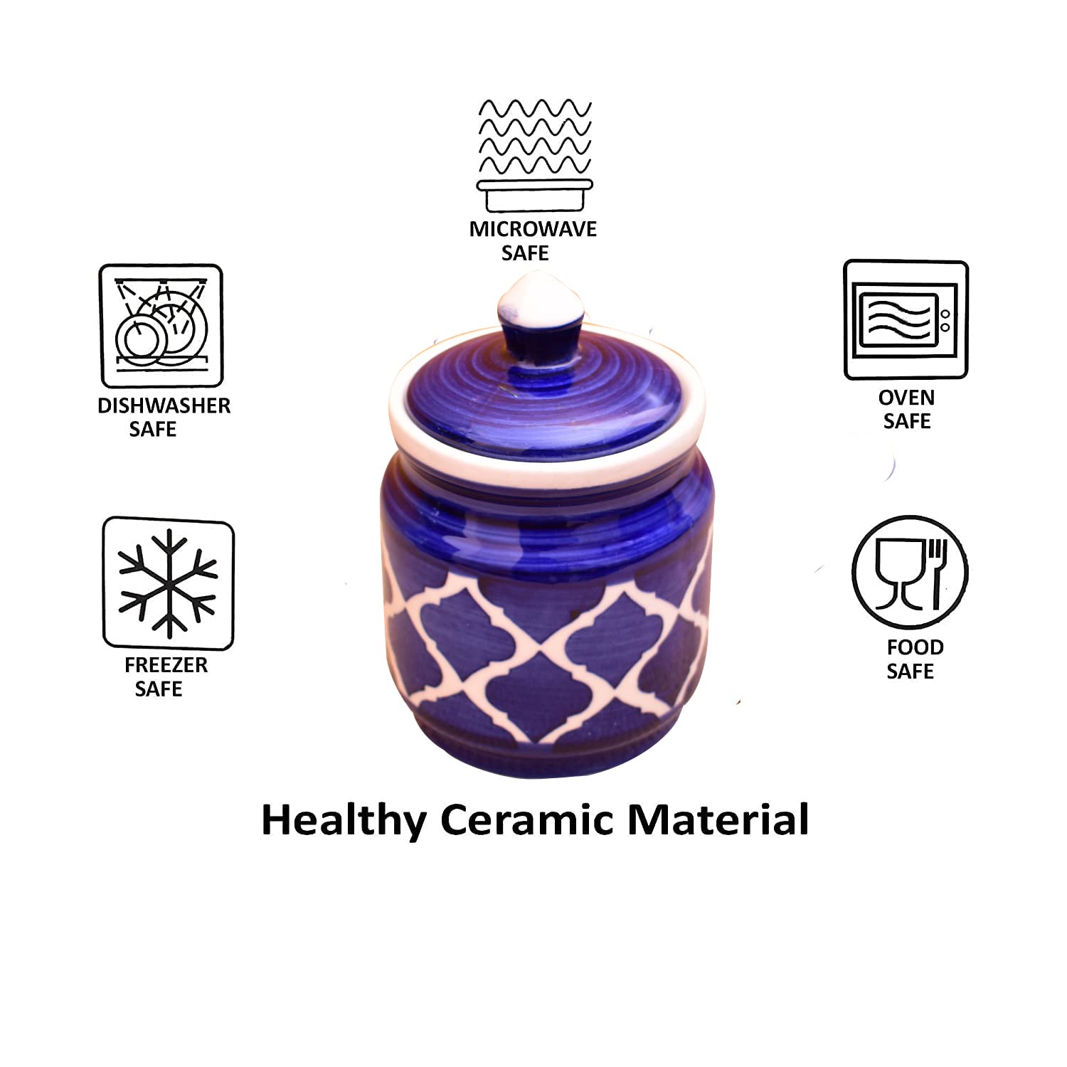 Kunhar Ceramic Jars Set of 2 (600ML Each) – Handcrafted Multipurpose Barni with Lid for Pickle, Chutney, Spices, Salt, Sugar – Kitchen Storage Containers, Blue