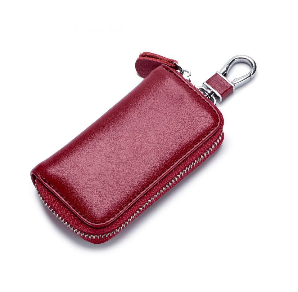 Kunhar Car Key Case, Universal PU Leather Key Fob Cover Case, Smart Car Key Holder Protection Bag with Holder Metal Hook and Keyring Zipper, 1 Piece, Brownish Red (C3)