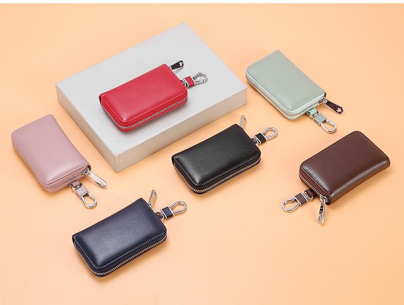 Kunhar Car Key Case, Universal PU Leather Key Fob Cover Case, Smart Car Key Holder Protection Bag with Holder Metal Hook and Keyring Zipper, 1 Piece, Brownish Red (C3)