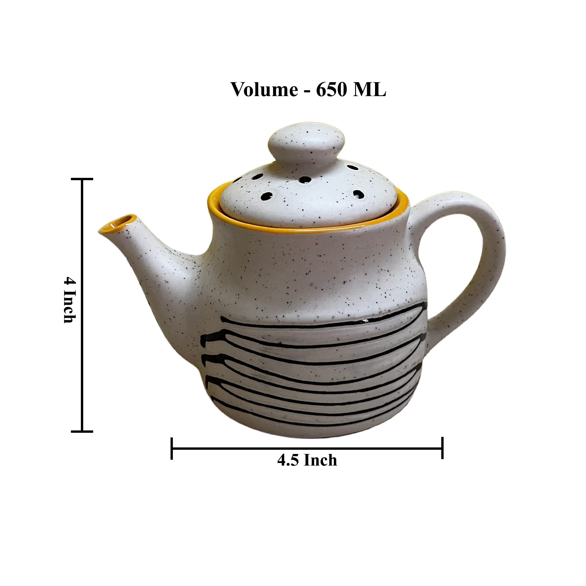 KunhaR Ceramic Teapot - 1 Piece, White Matt-Yellow, 650 ml