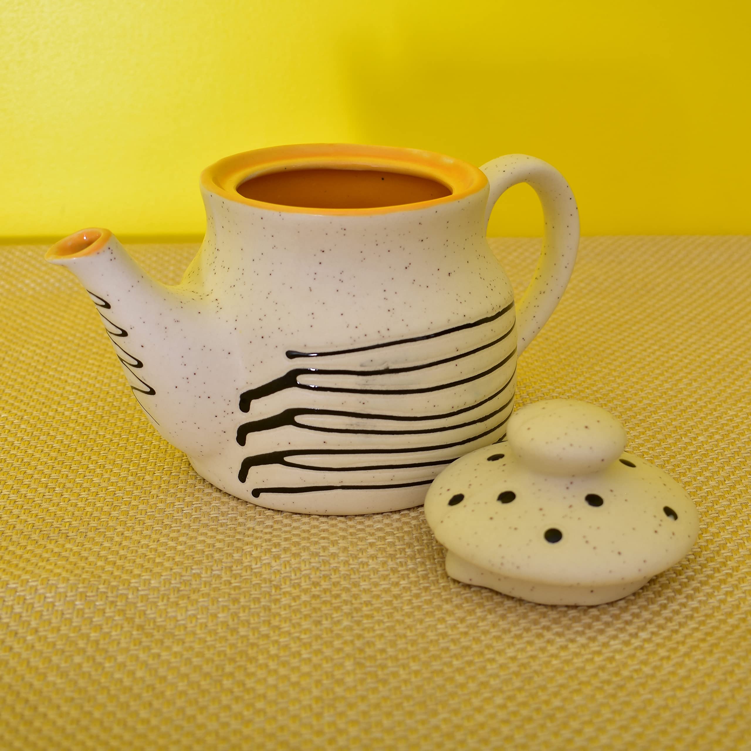 KunhaR Ceramic Teapot - 1 Piece, White Matt-Yellow, 650 ml