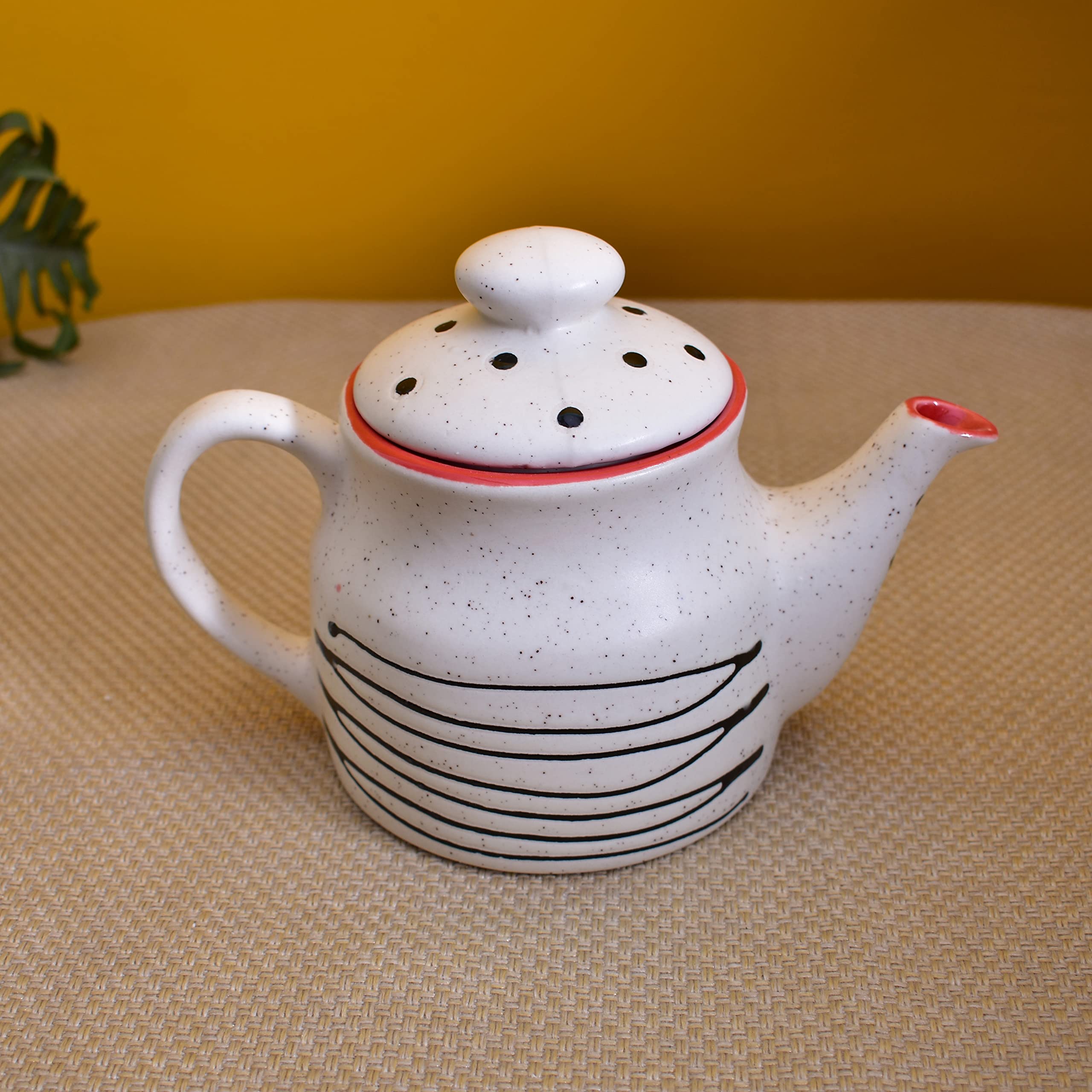 KunhaR Ceramic Teapot - 1 Piece, White-Red, 650 ml