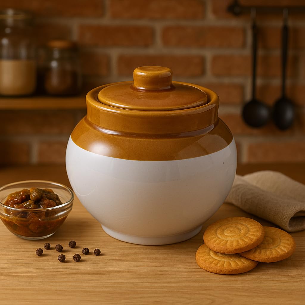 Kunhar Ceramic Jars (750ML) – Handcrafted Multipurpose Barni with Lid for Pickle, Chutney, Spices, Salt, Sugar – Kitchen Storage Containers, White, White Espresso