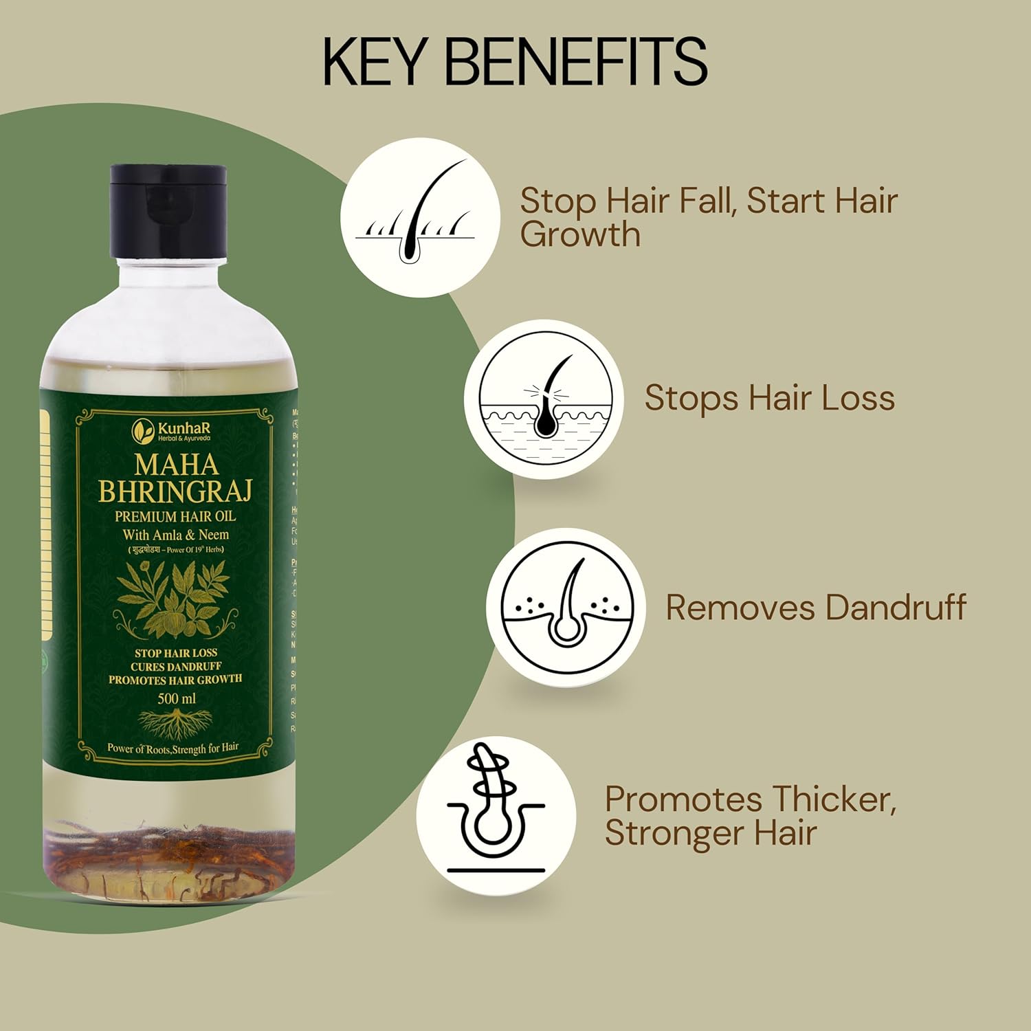 KunhaR Maha Bhringraj Premium Hair Oil with Amla & Neem – 500 ml – Reduces Hair Fall, Cures Dandruff, Promotes Hair Growth – Ayurvedic Herbal Formula – Power of Roots