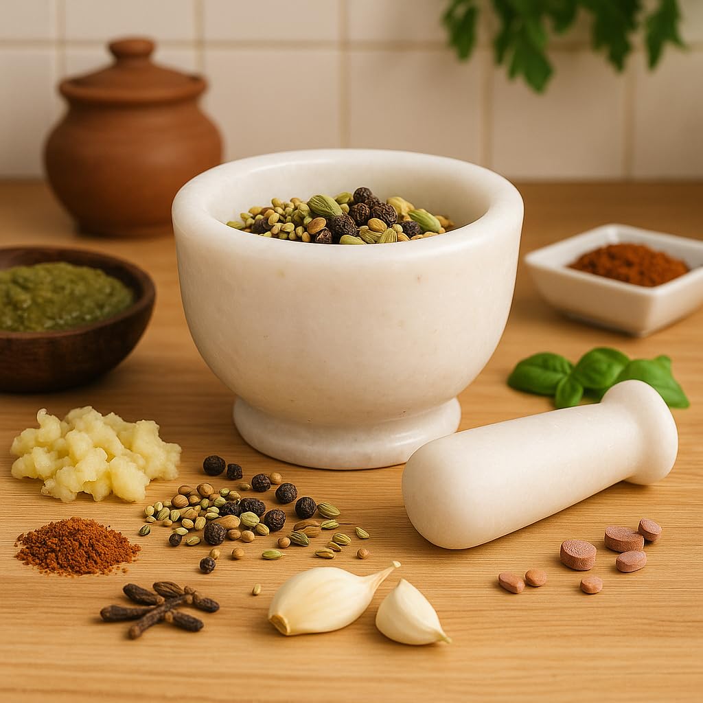 KunhaR Natural White Marble Mortar and Pestle Set, Imam Dasta, Ohkli Musal, Kharal - 3 x 2 Inches, White, (Half Polish)