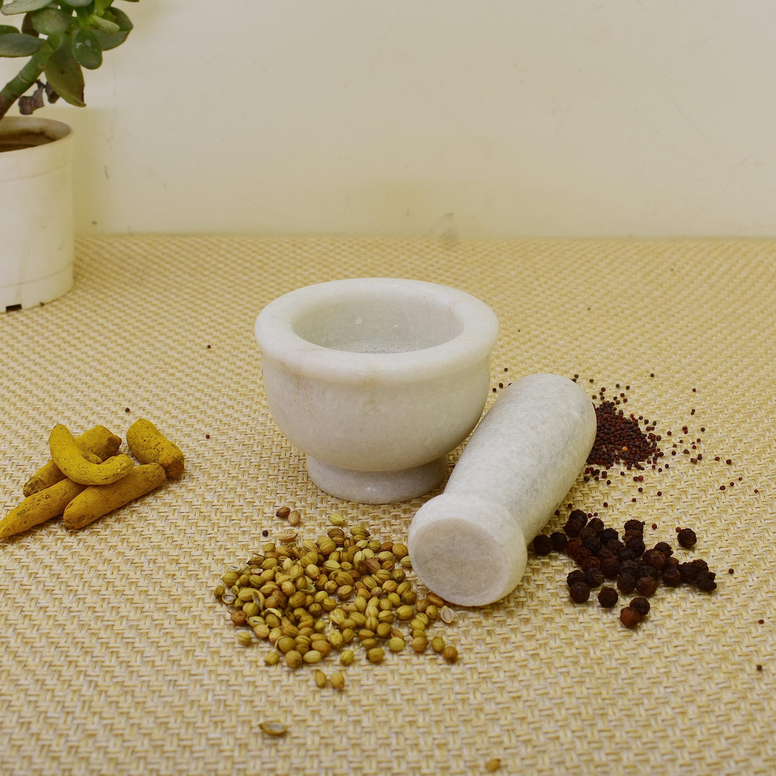 KunhaR Natural White Marble Mortar and Pestle Set, Imam Dasta, Ohkli Musal, Kharal - 3 x 2 Inches, White, (Half Polish)