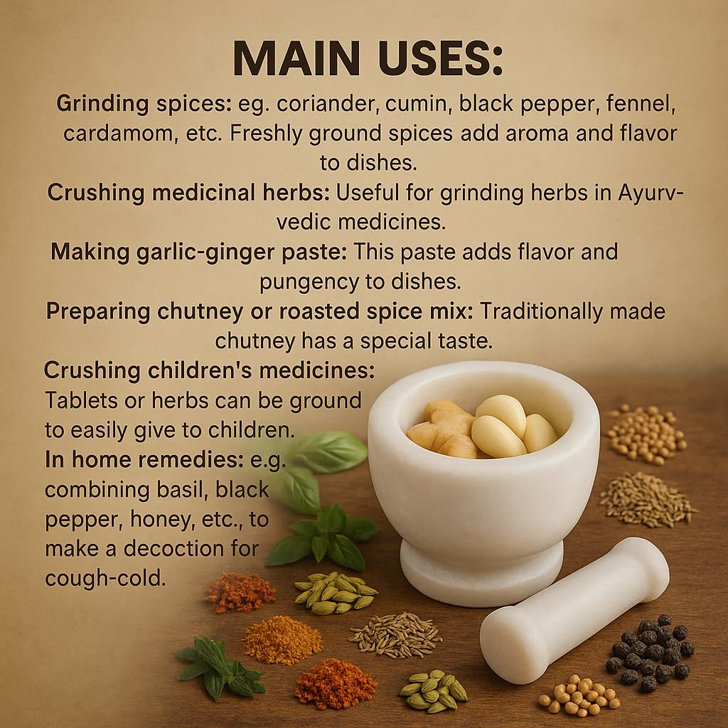 KunhaR Natural White Marble Mortar and Pestle Set, Imam Dasta, Ohkli Musal, Kharal - 3 x 2 Inches, White, (Half Polish)