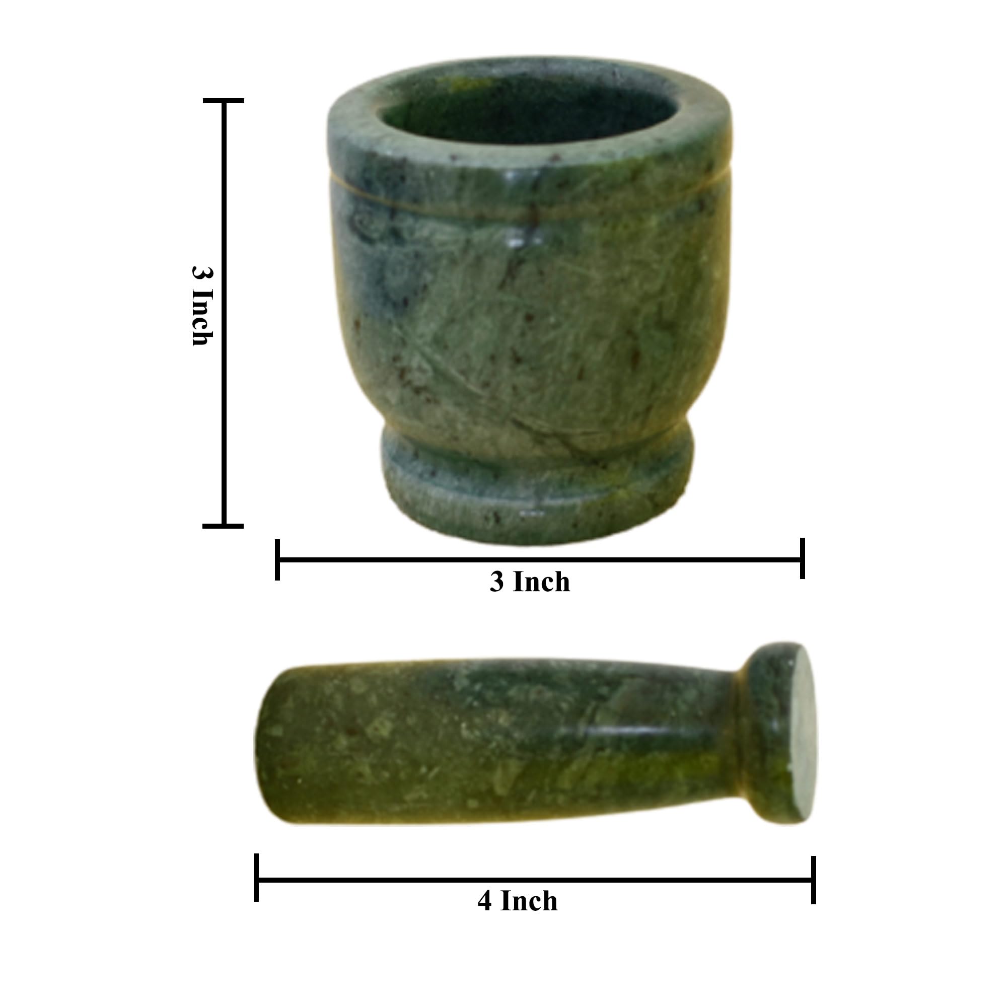 KunhaR Natural Green Marble Mortar and Pestle Set, Imam Dasta, Ohkli Musal, Kharal - 3 x 3 Inches, Green, (Full Polish)