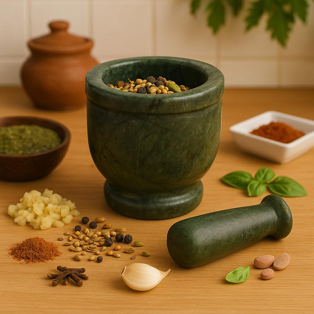 KunhaR Natural Green Marble Mortar and Pestle Set, Imam Dasta, Ohkli Musal, Kharal - 3 x 3 Inches, Green, (Full Polish)