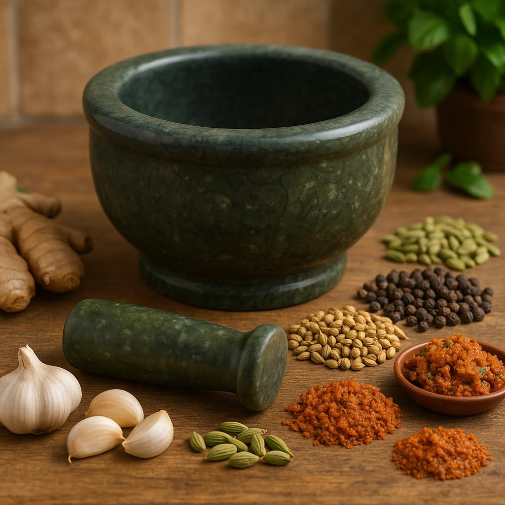 KunhaR Natural Green Marble Mortar and Pestle Set, Imam Dasta, Ohkli Musal, Kharal - 4 x 2.5 Inches, Green, (Half Polish)