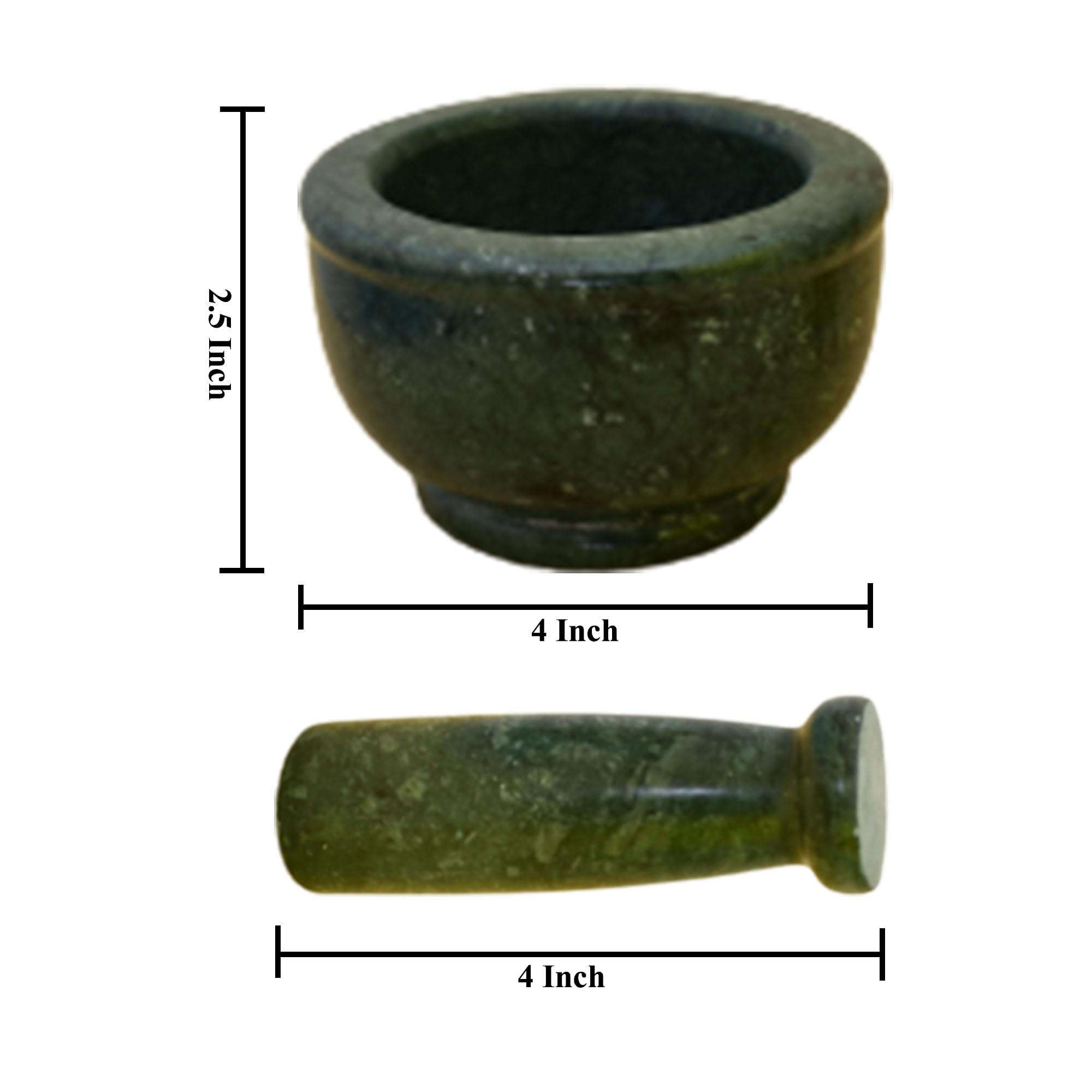 KunhaR Natural Green Marble Mortar and Pestle Set, Imam Dasta, Ohkli Musal, Kharal - 4 x 2.5 Inches, Green, (Half Polish)