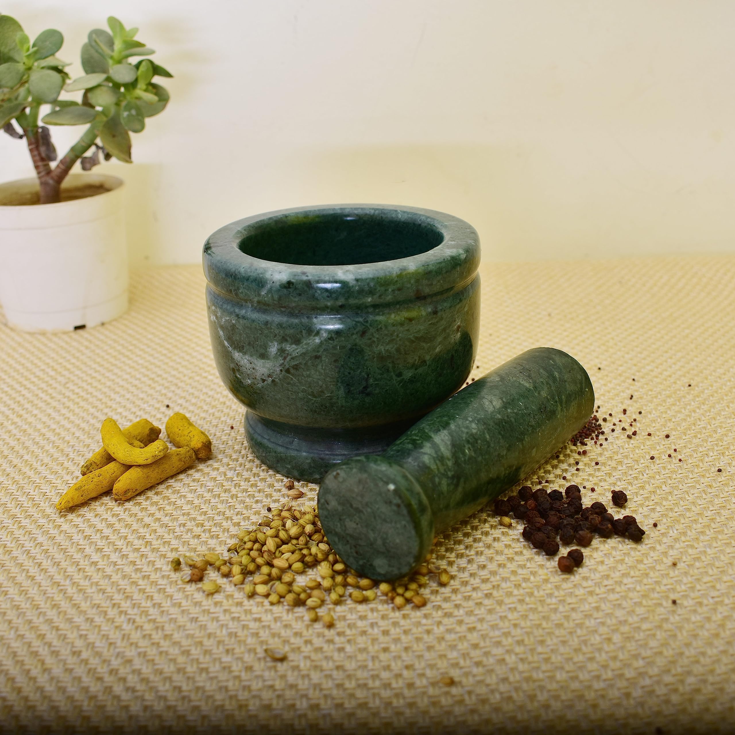 KunhaR Natural Green Marble Mortar and Pestle Set, Imam Dasta, Ohkli Musal, Kharal - 4 x 3 Inches, Green, (Full Polish)